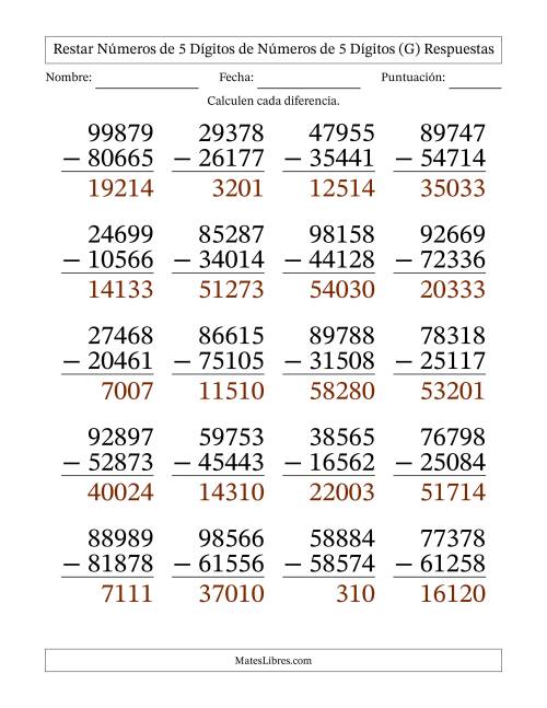 La hoja de ejercicios de Restar números de 5 dígitos de números de 5 dígitos, sin acarreo (20 preguntas) - Formato Grande (G) Página 2