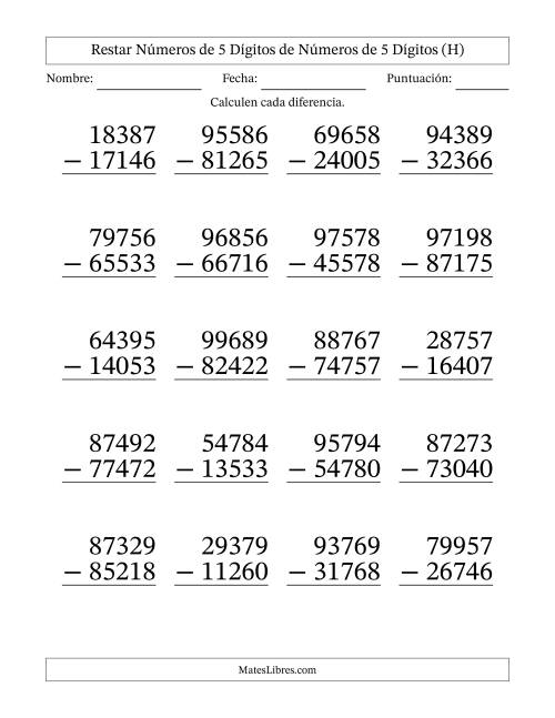 La hoja de ejercicios de Restar números de 5 dígitos de números de 5 dígitos, sin acarreo (20 preguntas) - Formato Grande (H)