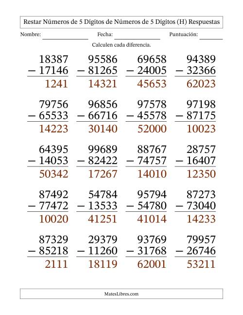 La hoja de ejercicios de Restar números de 5 dígitos de números de 5 dígitos, sin acarreo (20 preguntas) - Formato Grande (H) Página 2