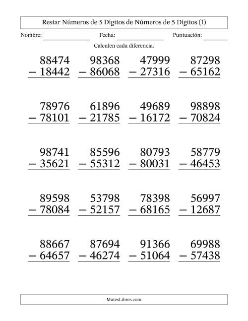 La hoja de ejercicios de Restar números de 5 dígitos de números de 5 dígitos, sin acarreo (20 preguntas) - Formato Grande (I)