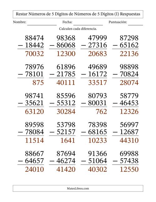 La hoja de ejercicios de Restar números de 5 dígitos de números de 5 dígitos, sin acarreo (20 preguntas) - Formato Grande (I) Página 2