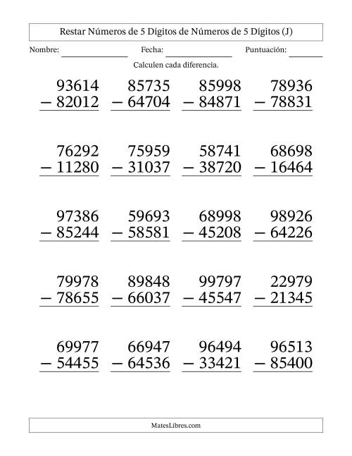 La hoja de ejercicios de Restar números de 5 dígitos de números de 5 dígitos, sin acarreo (20 preguntas) - Formato Grande (J)