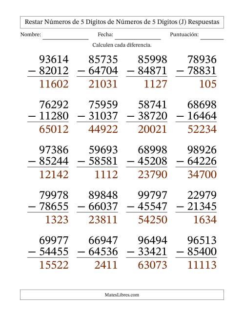 La hoja de ejercicios de Restar números de 5 dígitos de números de 5 dígitos, sin acarreo (20 preguntas) - Formato Grande (J) Página 2