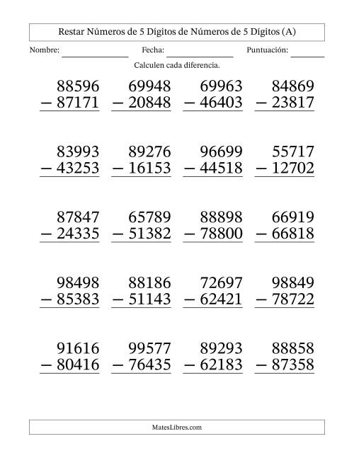 La hoja de ejercicios de Restar números de 5 dígitos de números de 5 dígitos, sin acarreo (20 preguntas) - Formato Grande (Todas)