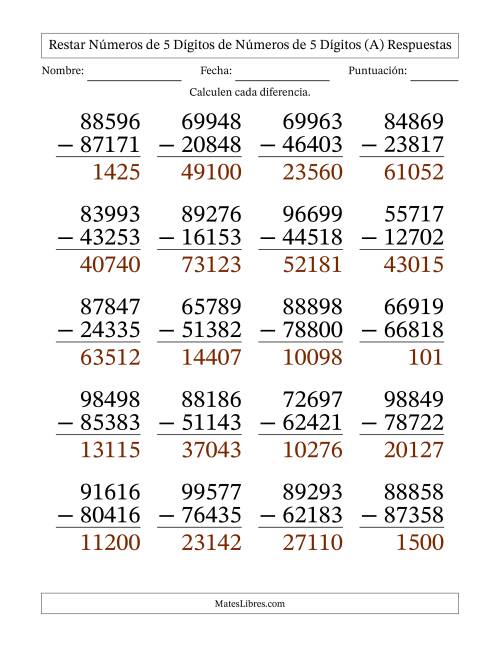 La hoja de ejercicios de Restar números de 5 dígitos de números de 5 dígitos, sin acarreo (20 preguntas) - Formato Grande (Todas) Página 2