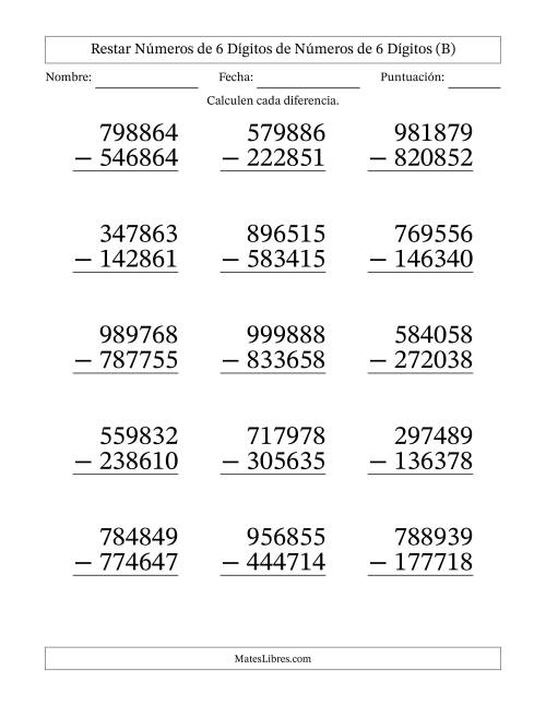 La hoja de ejercicios de Restar números de 6 dígitos de números de 6 dígitos, sin acarreo (15 preguntas) - Formato Grande (B)