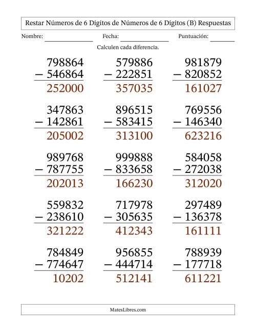 La hoja de ejercicios de Restar números de 6 dígitos de números de 6 dígitos, sin acarreo (15 preguntas) - Formato Grande (B) Página 2