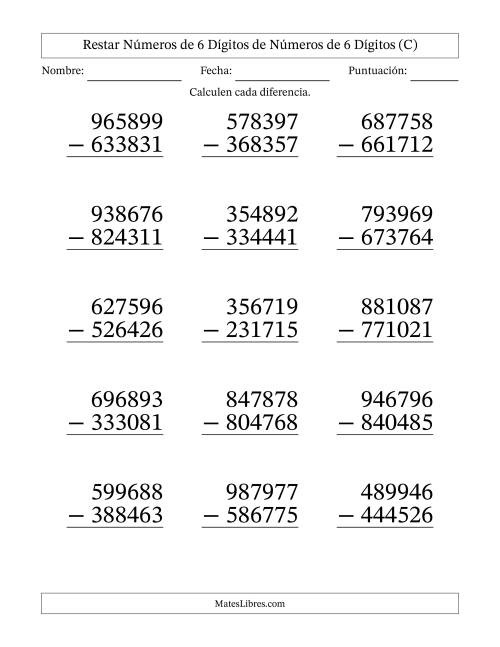 La hoja de ejercicios de Restar números de 6 dígitos de números de 6 dígitos, sin acarreo (15 preguntas) - Formato Grande (C)
