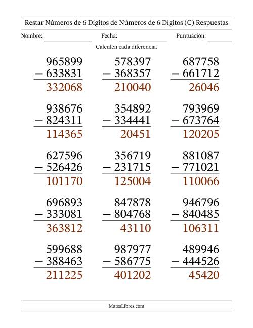 La hoja de ejercicios de Restar números de 6 dígitos de números de 6 dígitos, sin acarreo (15 preguntas) - Formato Grande (C) Página 2