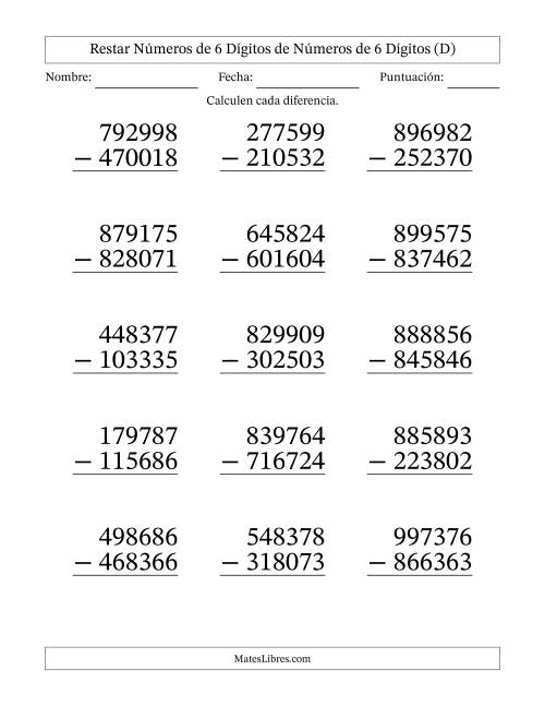 La hoja de ejercicios de Restar números de 6 dígitos de números de 6 dígitos, sin acarreo (15 preguntas) - Formato Grande (D)