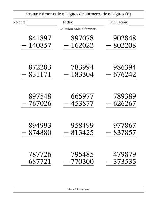 La hoja de ejercicios de Restar números de 6 dígitos de números de 6 dígitos, sin acarreo (15 preguntas) - Formato Grande (E)