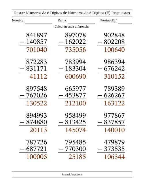 La hoja de ejercicios de Restar números de 6 dígitos de números de 6 dígitos, sin acarreo (15 preguntas) - Formato Grande (E) Página 2