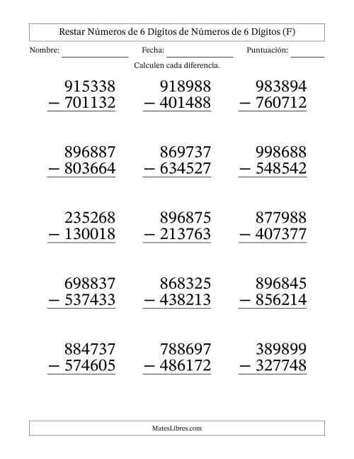 La hoja de ejercicios de Restar números de 6 dígitos de números de 6 dígitos, sin acarreo (15 preguntas) - Formato Grande (F)