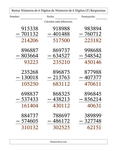 La hoja de ejercicios de Restar números de 6 dígitos de números de 6 dígitos, sin acarreo (15 preguntas) - Formato Grande (F) Página 2