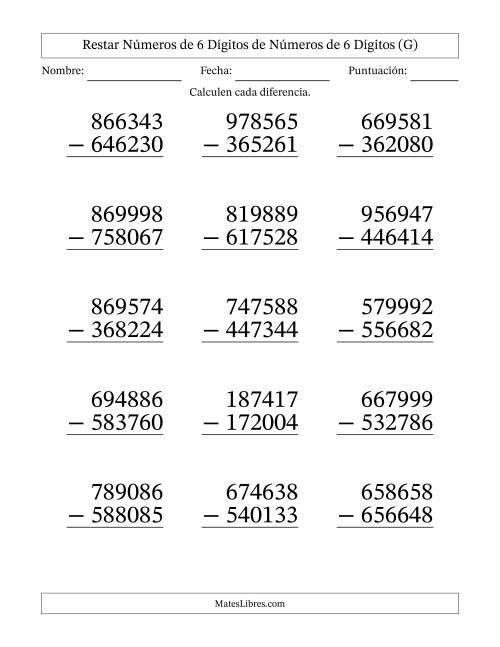 La hoja de ejercicios de Restar números de 6 dígitos de números de 6 dígitos, sin acarreo (15 preguntas) - Formato Grande (G)