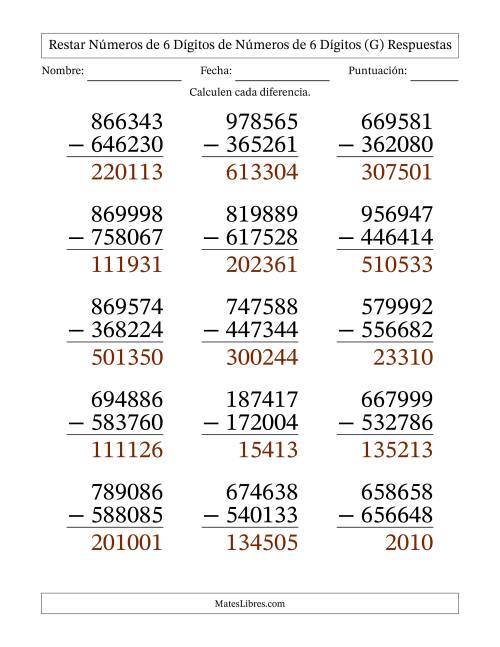 La hoja de ejercicios de Restar números de 6 dígitos de números de 6 dígitos, sin acarreo (15 preguntas) - Formato Grande (G) Página 2