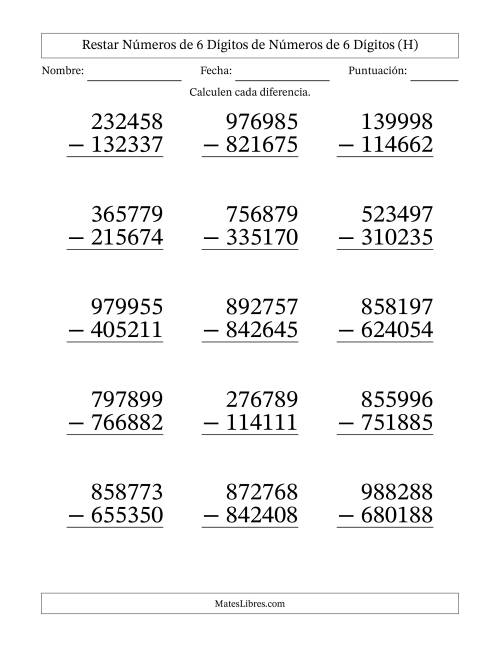 La hoja de ejercicios de Restar números de 6 dígitos de números de 6 dígitos, sin acarreo (15 preguntas) - Formato Grande (H)