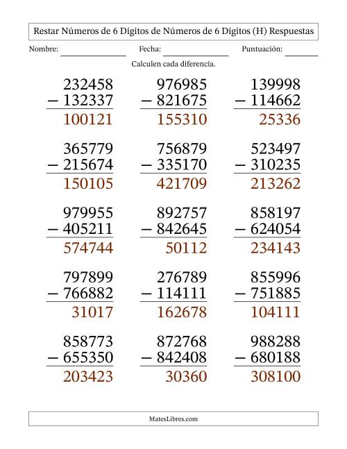La hoja de ejercicios de Restar números de 6 dígitos de números de 6 dígitos, sin acarreo (15 preguntas) - Formato Grande (H) Página 2