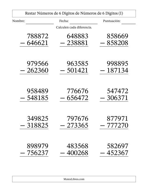 La hoja de ejercicios de Restar números de 6 dígitos de números de 6 dígitos, sin acarreo (15 preguntas) - Formato Grande (I)