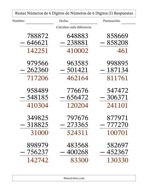 La hoja de ejercicios de Restar números de 6 dígitos de números de 6 dígitos, sin acarreo (15 preguntas) - Formato Grande (I) Página 2