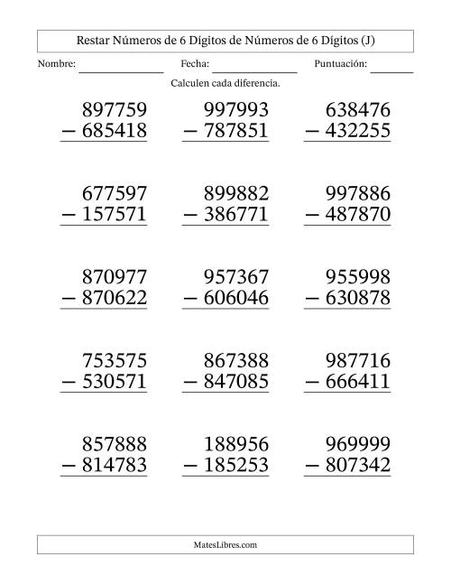 La hoja de ejercicios de Restar números de 6 dígitos de números de 6 dígitos, sin acarreo (15 preguntas) - Formato Grande (J)