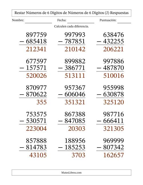 La hoja de ejercicios de Restar números de 6 dígitos de números de 6 dígitos, sin acarreo (15 preguntas) - Formato Grande (J) Página 2
