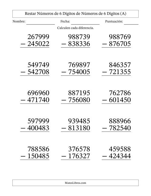 La hoja de ejercicios de Restar números de 6 dígitos de números de 6 dígitos, sin acarreo (15 preguntas) - Formato Grande (Todas)