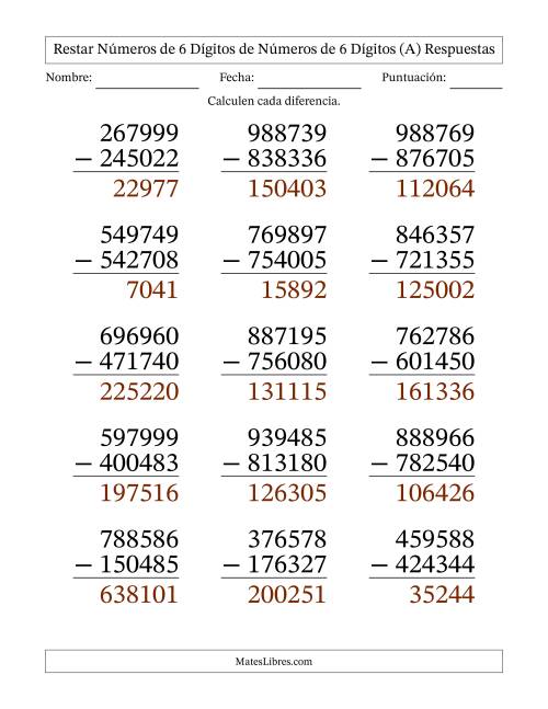 La hoja de ejercicios de Restar números de 6 dígitos de números de 6 dígitos, sin acarreo (15 preguntas) - Formato Grande (Todas) Página 2
