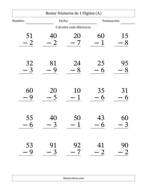 La hoja de ejercicios de Restar números de 1 dígitos con acarreo en todas las preguntas (25 preguntas) - Formato Grande (A)