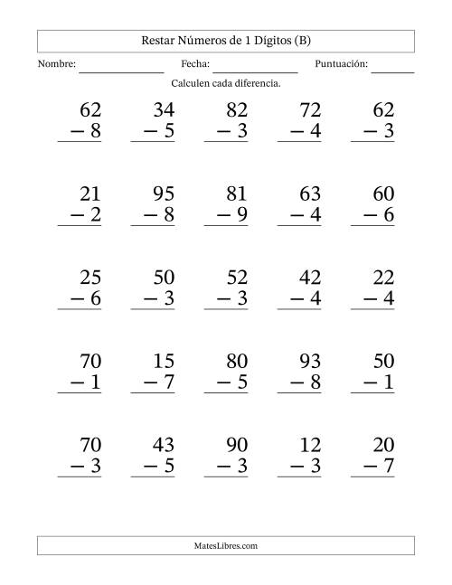 La hoja de ejercicios de Restar números de 1 dígitos con acarreo en todas las preguntas (25 preguntas) - Formato Grande (B)
