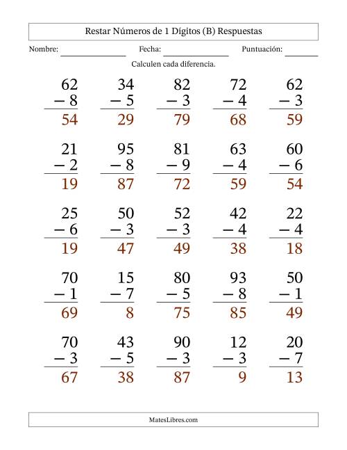 La hoja de ejercicios de Restar números de 1 dígitos con acarreo en todas las preguntas (25 preguntas) - Formato Grande (B) Página 2