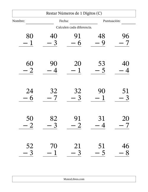 La hoja de ejercicios de Restar números de 1 dígitos con acarreo en todas las preguntas (25 preguntas) - Formato Grande (C)