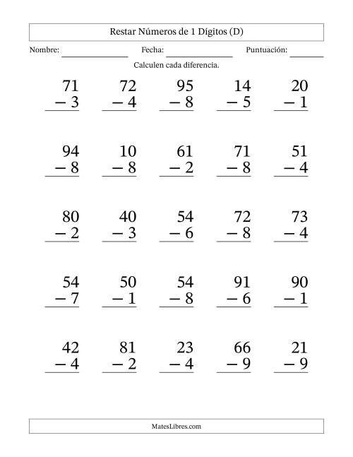 La hoja de ejercicios de Restar números de 1 dígitos con acarreo en todas las preguntas (25 preguntas) - Formato Grande (D)