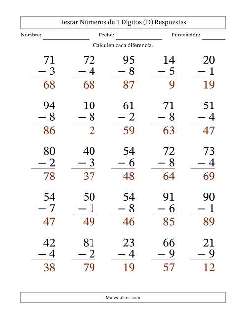 La hoja de ejercicios de Restar números de 1 dígitos con acarreo en todas las preguntas (25 preguntas) - Formato Grande (D) Página 2