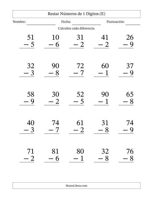 La hoja de ejercicios de Restar números de 1 dígitos con acarreo en todas las preguntas (25 preguntas) - Formato Grande (E)