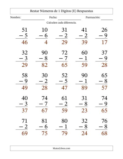 La hoja de ejercicios de Restar números de 1 dígitos con acarreo en todas las preguntas (25 preguntas) - Formato Grande (E) Página 2