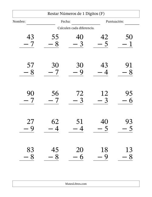 La hoja de ejercicios de Restar números de 1 dígitos con acarreo en todas las preguntas (25 preguntas) - Formato Grande (F)