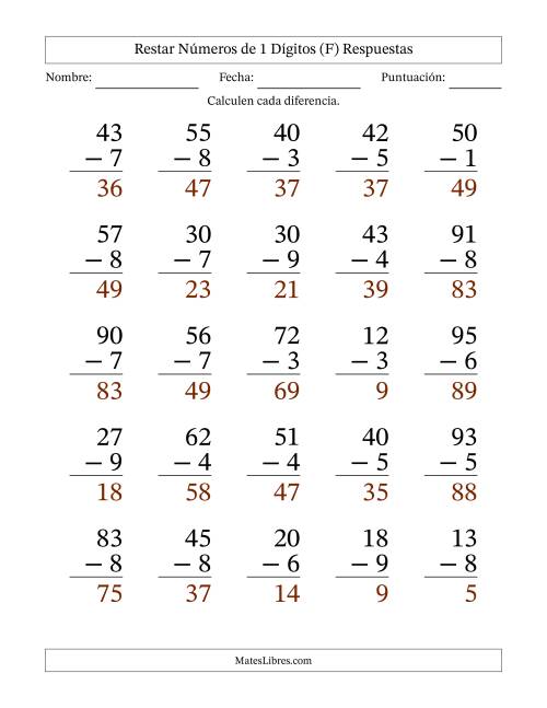 La hoja de ejercicios de Restar números de 1 dígitos con acarreo en todas las preguntas (25 preguntas) - Formato Grande (F) Página 2