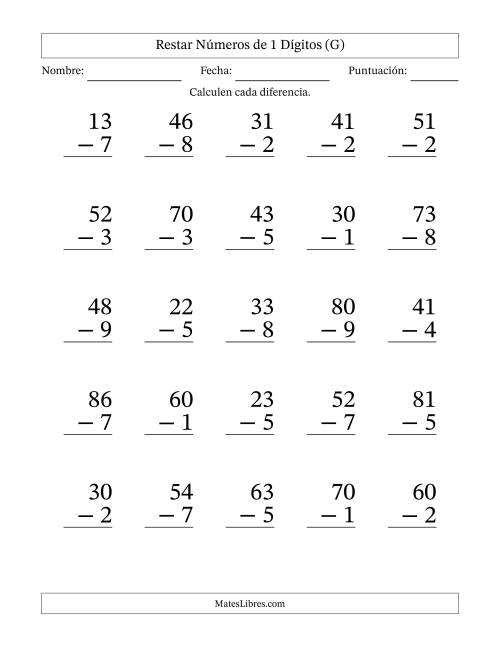 La hoja de ejercicios de Restar números de 1 dígitos con acarreo en todas las preguntas (25 preguntas) - Formato Grande (G)