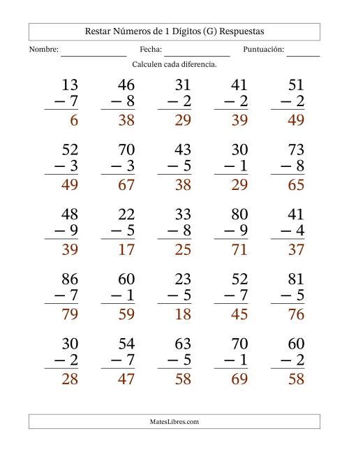 La hoja de ejercicios de Restar números de 1 dígitos con acarreo en todas las preguntas (25 preguntas) - Formato Grande (G) Página 2
