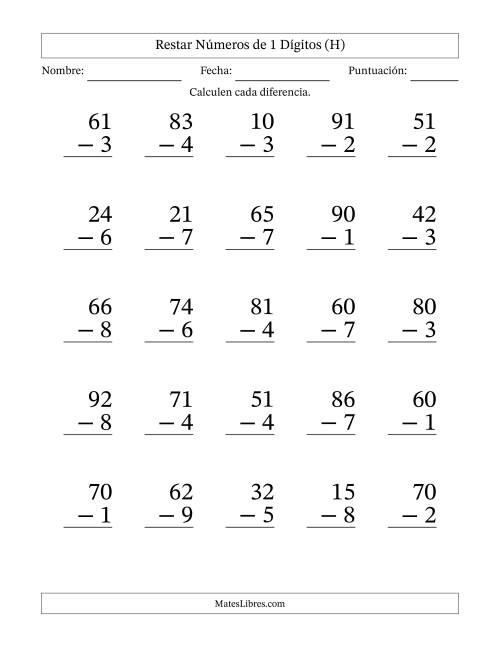 La hoja de ejercicios de Restar números de 1 dígitos con acarreo en todas las preguntas (25 preguntas) - Formato Grande (H)
