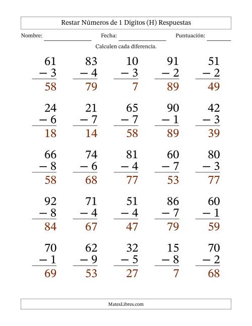 La hoja de ejercicios de Restar números de 1 dígitos con acarreo en todas las preguntas (25 preguntas) - Formato Grande (H) Página 2