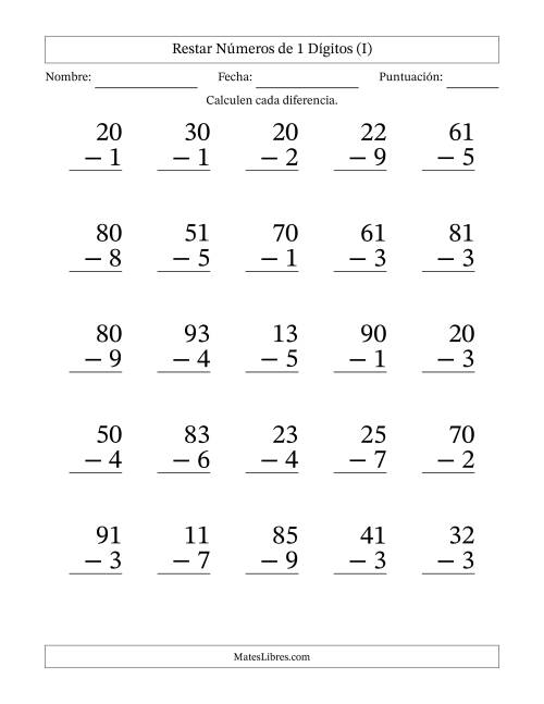 La hoja de ejercicios de Restar números de 1 dígitos con acarreo en todas las preguntas (25 preguntas) - Formato Grande (I)