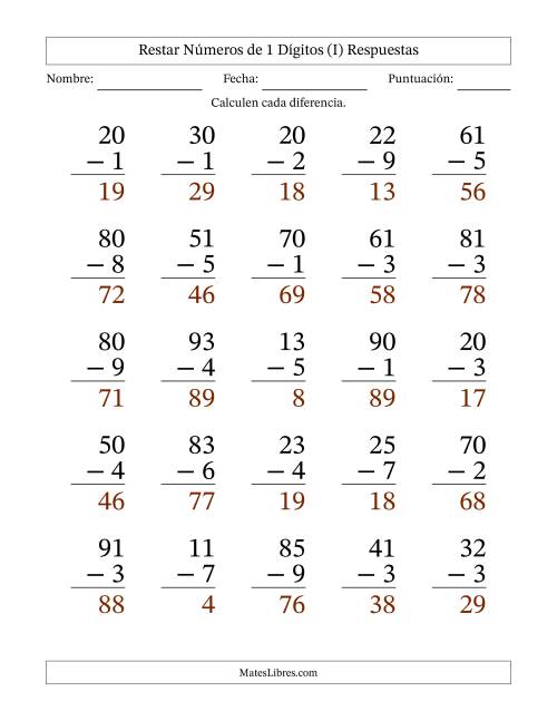 La hoja de ejercicios de Restar números de 1 dígitos con acarreo en todas las preguntas (25 preguntas) - Formato Grande (I) Página 2