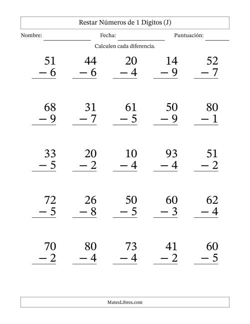 La hoja de ejercicios de Restar números de 1 dígitos con acarreo en todas las preguntas (25 preguntas) - Formato Grande (J)