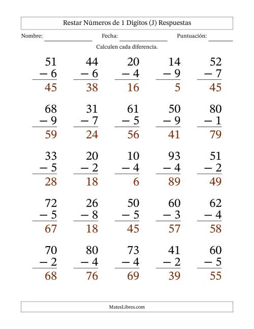 La hoja de ejercicios de Restar números de 1 dígitos con acarreo en todas las preguntas (25 preguntas) - Formato Grande (J) Página 2