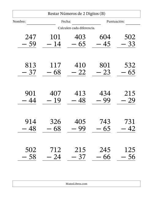 La hoja de ejercicios de Restar números de 2 dígitos con acarreo en todas las preguntas (25 preguntas) - Formato Grande (B)