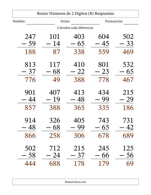 La hoja de ejercicios de Restar números de 2 dígitos con acarreo en todas las preguntas (25 preguntas) - Formato Grande (B) Página 2