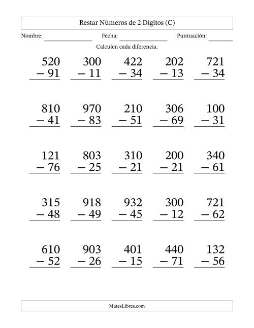 La hoja de ejercicios de Restar números de 2 dígitos con acarreo en todas las preguntas (25 preguntas) - Formato Grande (C)