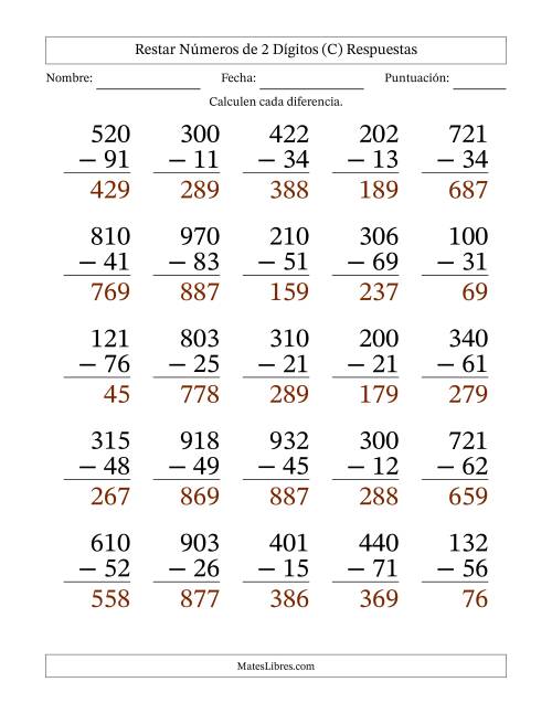 La hoja de ejercicios de Restar números de 2 dígitos con acarreo en todas las preguntas (25 preguntas) - Formato Grande (C) Página 2